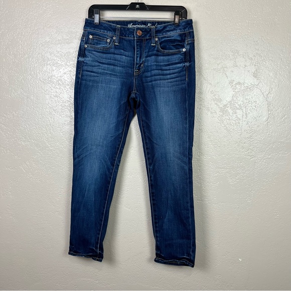 American‎ Eagle Jeans Womens Size 2 Slouchy Tapered Stretch Mid Rise Denim Blue - Picture 1 of 12